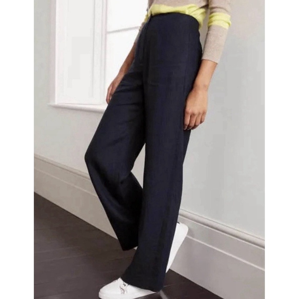Boden Eldon Linen Wide Leg Trousers Pants Size 6 US Navy Blue Career Office